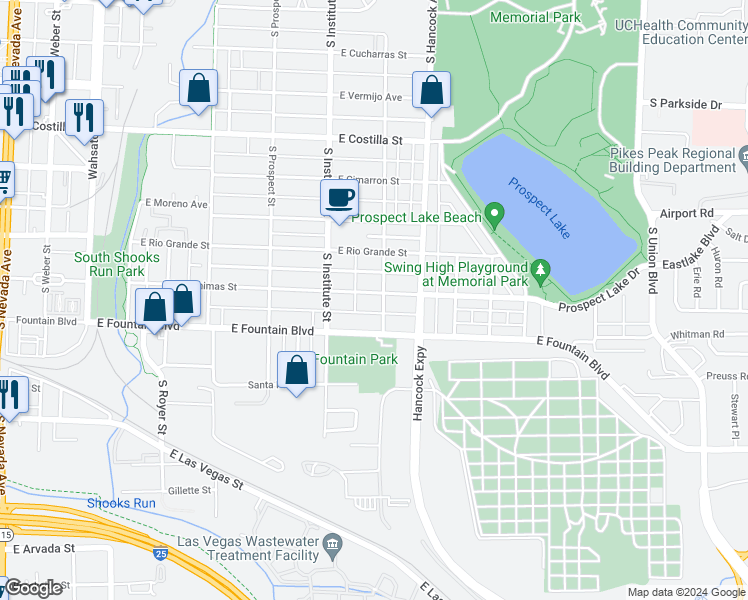 map of restaurants, bars, coffee shops, grocery stores, and more near 943 East Las Animas Street in Colorado Springs
