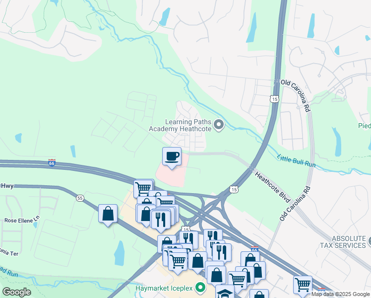 map of restaurants, bars, coffee shops, grocery stores, and more near 15391 Rosemont Manor Drive in Haymarket
