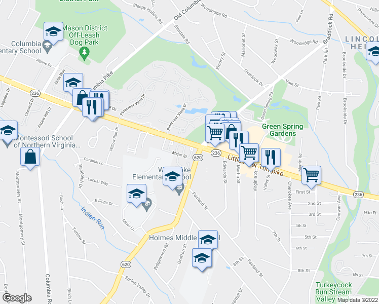 map of restaurants, bars, coffee shops, grocery stores, and more near 6512 Major Street in Alexandria