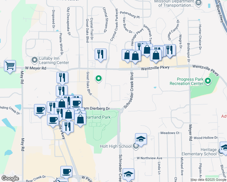 map of restaurants, bars, coffee shops, grocery stores, and more near 10 Cox Lane in Wentzville
