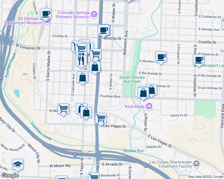 map of restaurants, bars, coffee shops, grocery stores, and more near 813 South Weber Street in Colorado Springs