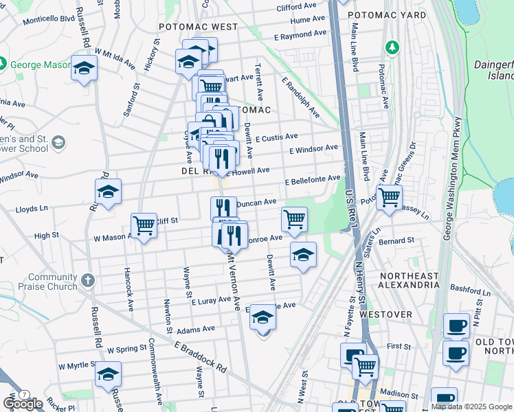 map of restaurants, bars, coffee shops, grocery stores, and more near 305 East Duncan Avenue in Alexandria