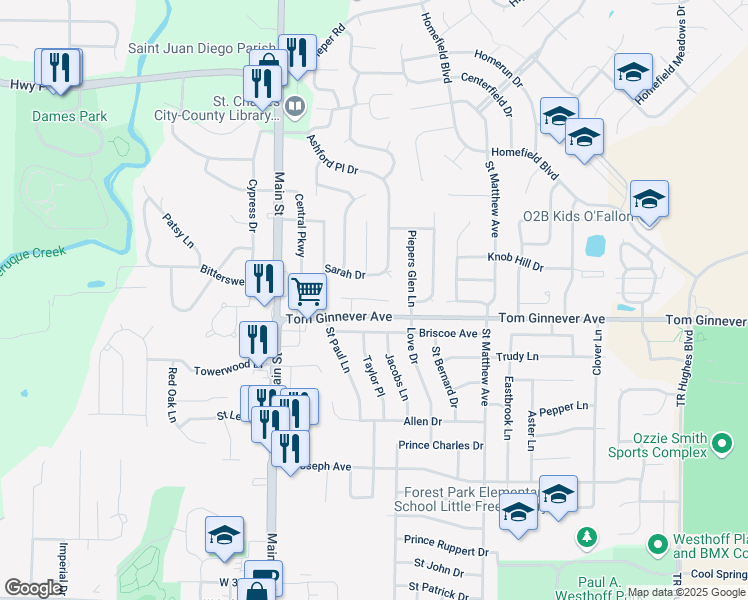 map of restaurants, bars, coffee shops, grocery stores, and more near 276 Amber Crest Drive in O'Fallon