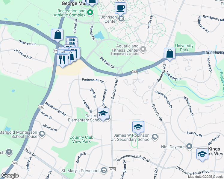 map of restaurants, bars, coffee shops, grocery stores, and more near 4868 Sideburn Road in Fairfax