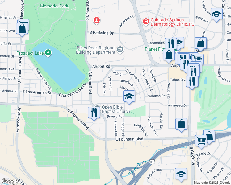map of restaurants, bars, coffee shops, grocery stores, and more near 605 Huron Road in Colorado Springs