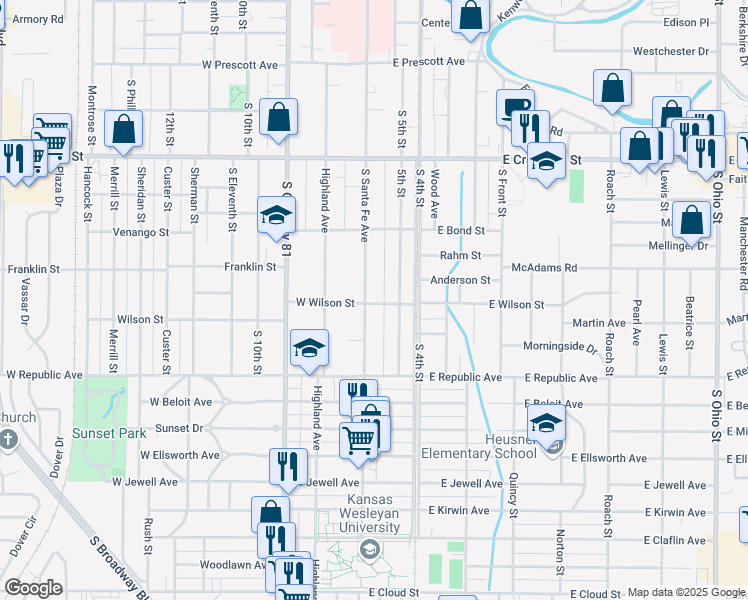 map of restaurants, bars, coffee shops, grocery stores, and more near 840 South Santa Fe Avenue in Salina
