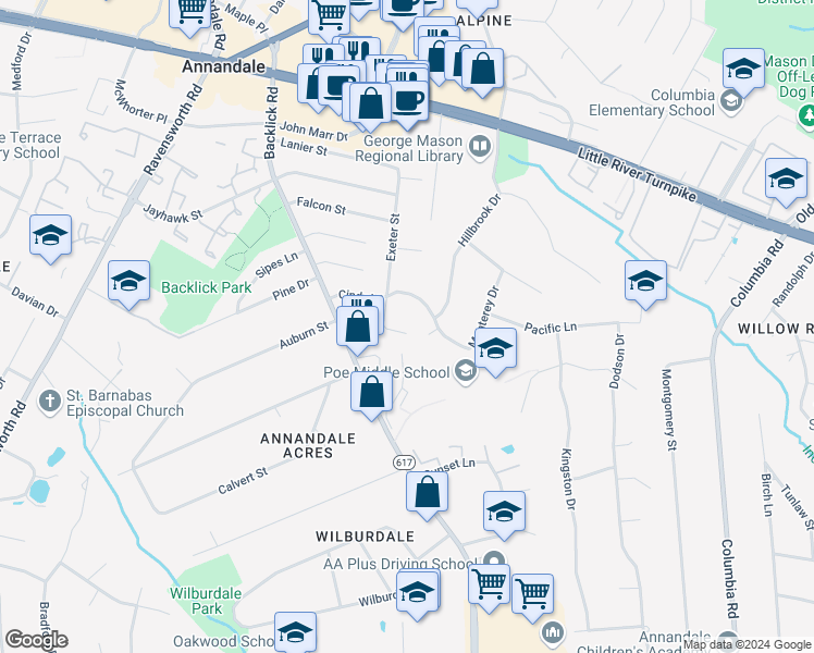 map of restaurants, bars, coffee shops, grocery stores, and more near 4739 Exeter Street in Annandale