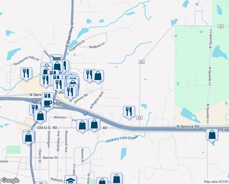 map of restaurants, bars, coffee shops, grocery stores, and more near 303 Roanoke Drive in Warrenton