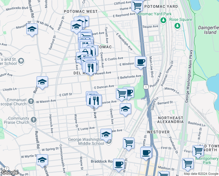 map of restaurants, bars, coffee shops, grocery stores, and more near 305 East Duncan Avenue in Alexandria