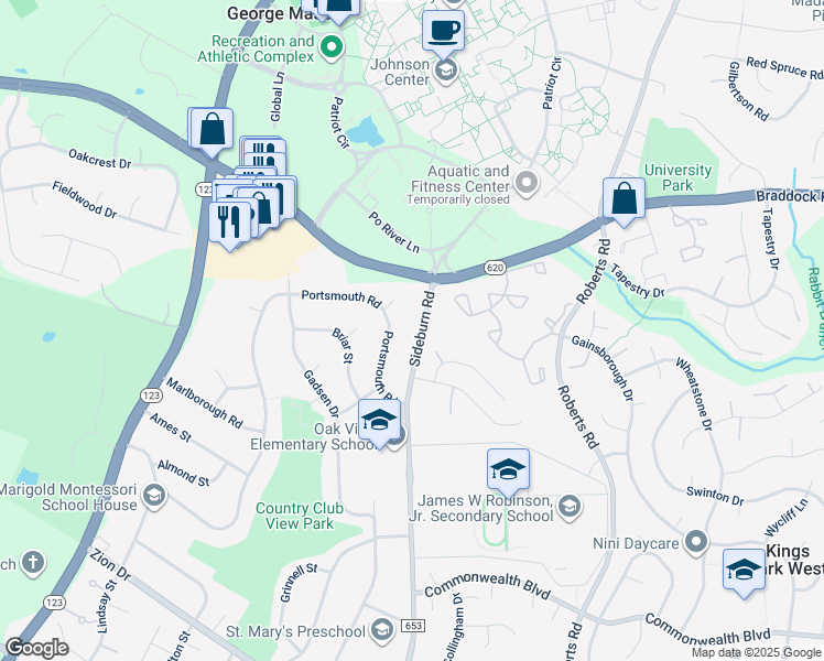 map of restaurants, bars, coffee shops, grocery stores, and more near 4868 Sideburn Road in Fairfax