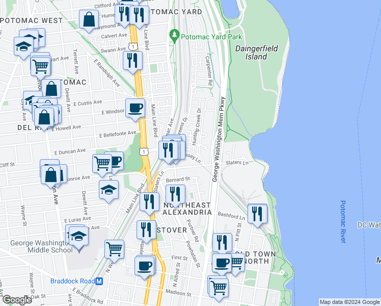 map of restaurants, bars, coffee shops, grocery stores, and more near 1600 Hunting Creek Drive in Alexandria