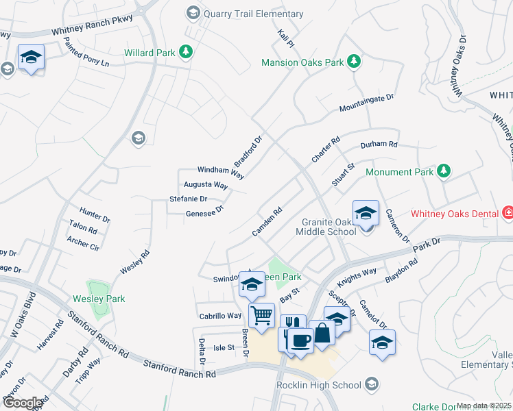 map of restaurants, bars, coffee shops, grocery stores, and more near 5032 Charter Road in Rocklin