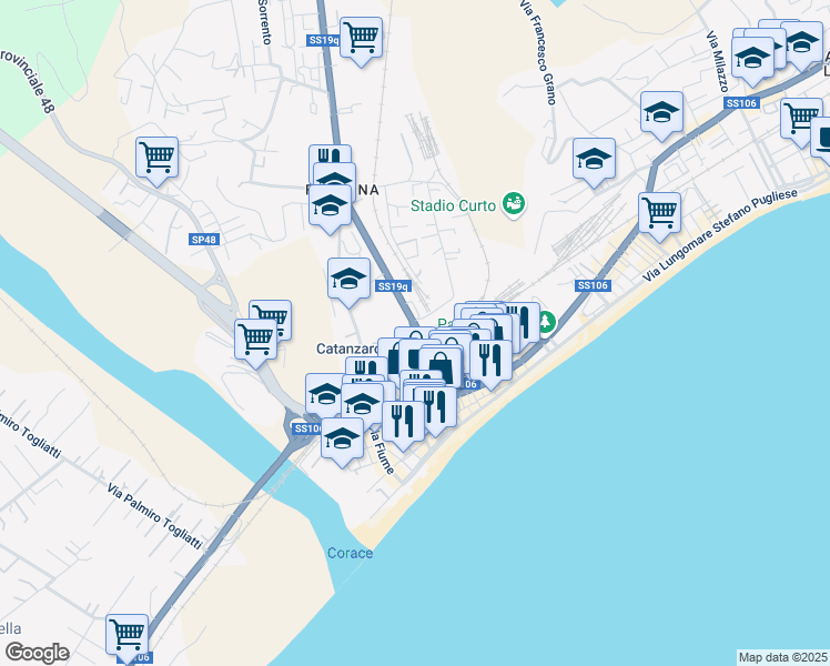 map of restaurants, bars, coffee shops, grocery stores, and more near Via Nazionale in Catanzaro