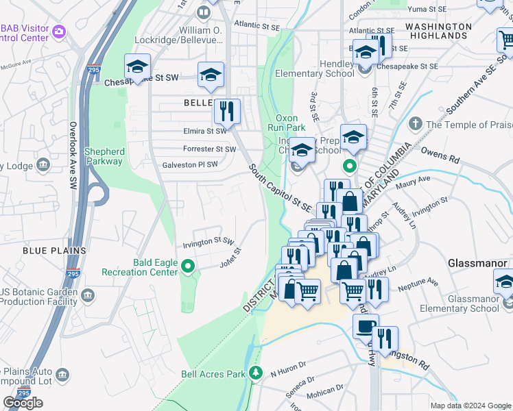 map of restaurants, bars, coffee shops, grocery stores, and more near 4729 1st Street Southwest in Washington
