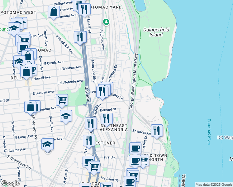map of restaurants, bars, coffee shops, grocery stores, and more near 1600 Hunting Creek Drive in Alexandria