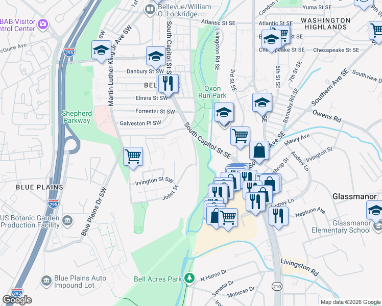 map of restaurants, bars, coffee shops, grocery stores, and more near 4729 1st Street Southwest in Washington