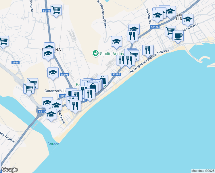 map of restaurants, bars, coffee shops, grocery stores, and more near 20 Traversa Crotone in Catanzaro