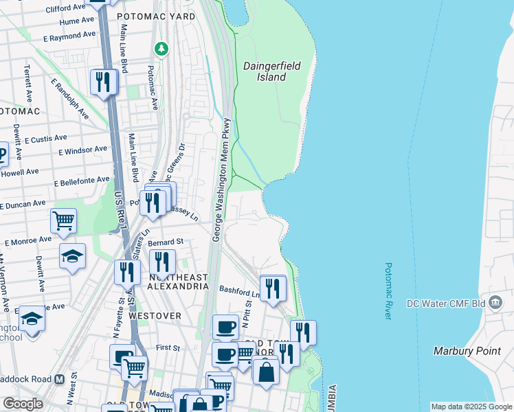 map of restaurants, bars, coffee shops, grocery stores, and more near 501 Slaters Lane in Alexandria