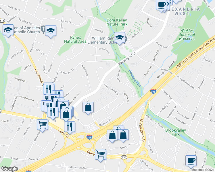 map of restaurants, bars, coffee shops, grocery stores, and more near 503 North Armistead Street in Alexandria