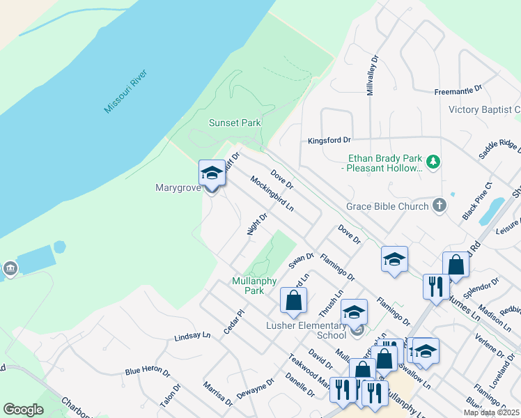 map of restaurants, bars, coffee shops, grocery stores, and more near 2620 Flamingo Drive in Florissant