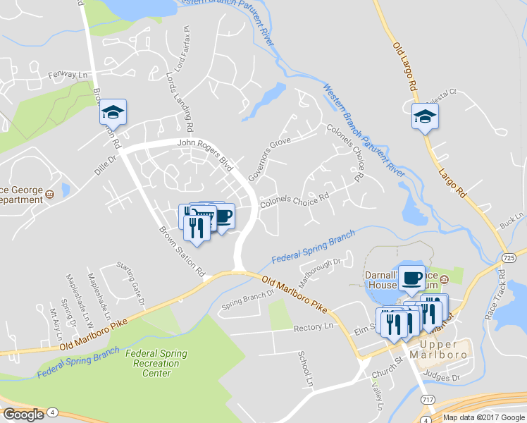 map of restaurants, bars, coffee shops, grocery stores, and more near 14611 Hampshire Hall Court in Upper Marlboro