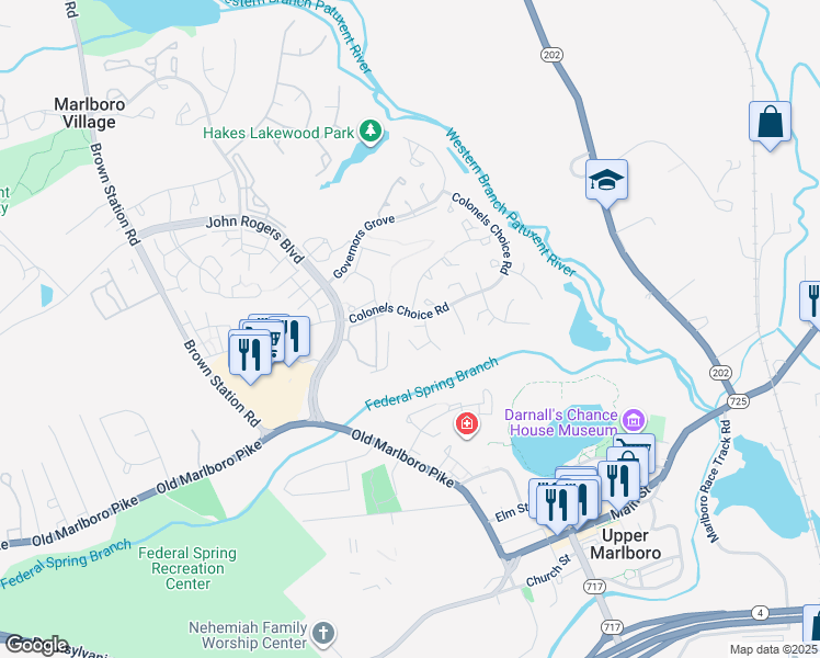 map of restaurants, bars, coffee shops, grocery stores, and more near 4905 Colonel Addison Place in Upper Marlboro