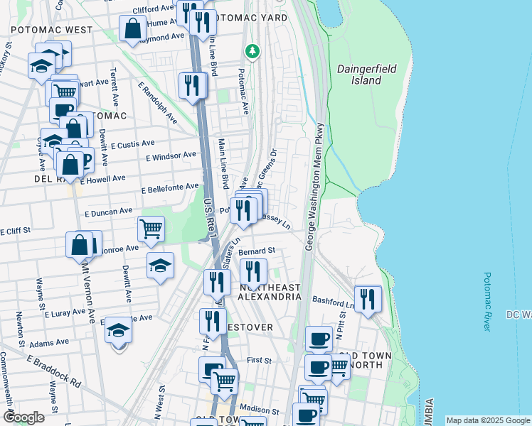 map of restaurants, bars, coffee shops, grocery stores, and more near 723 Massey Lane in Alexandria