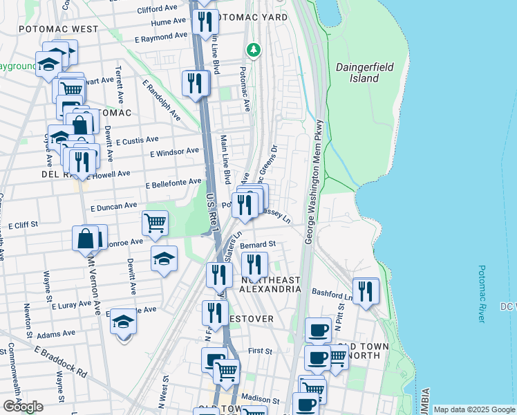 map of restaurants, bars, coffee shops, grocery stores, and more near 733 Massey Lane in Alexandria
