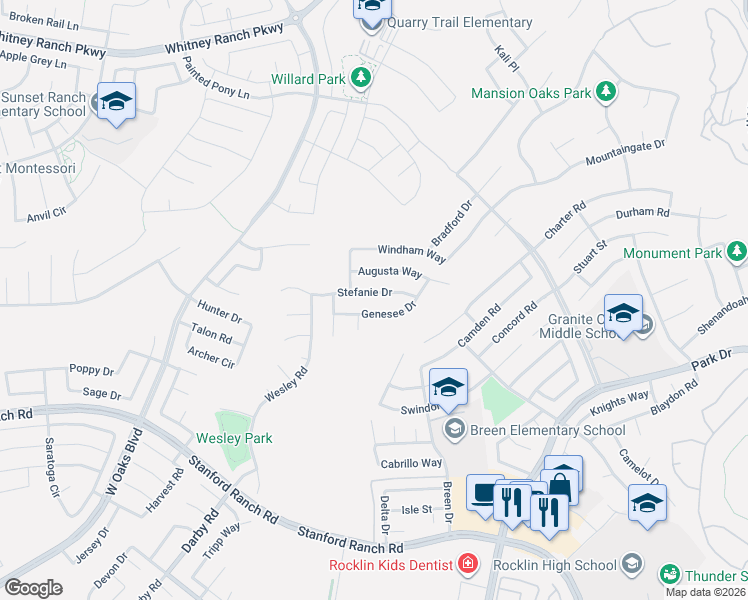 map of restaurants, bars, coffee shops, grocery stores, and more near 2431 Stefanie Drive in Rocklin
