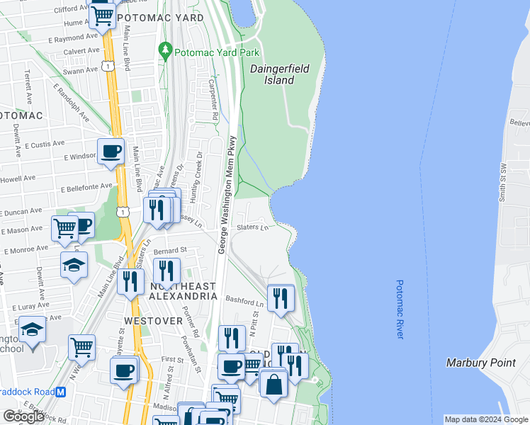map of restaurants, bars, coffee shops, grocery stores, and more near 101 Independence Avenue Southeast in Washington