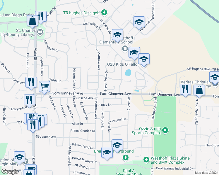 map of restaurants, bars, coffee shops, grocery stores, and more near 775 Haven View Court in O'Fallon