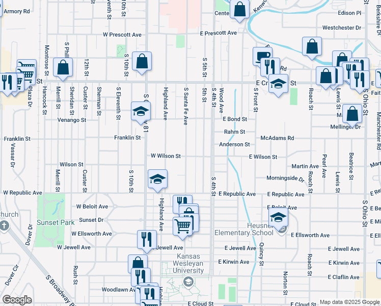 map of restaurants, bars, coffee shops, grocery stores, and more near 840 South Santa Fe Avenue in Salina