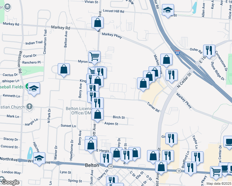 map of restaurants, bars, coffee shops, grocery stores, and more near 95 Rainbow Drive in Belton
