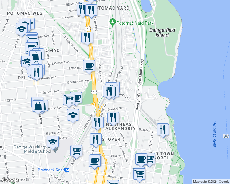 map of restaurants, bars, coffee shops, grocery stores, and more near 733 Massey Lane in Alexandria
