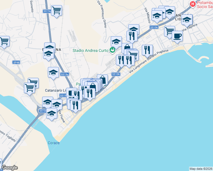 map of restaurants, bars, coffee shops, grocery stores, and more near 20 Traversa Crotone in Catanzaro