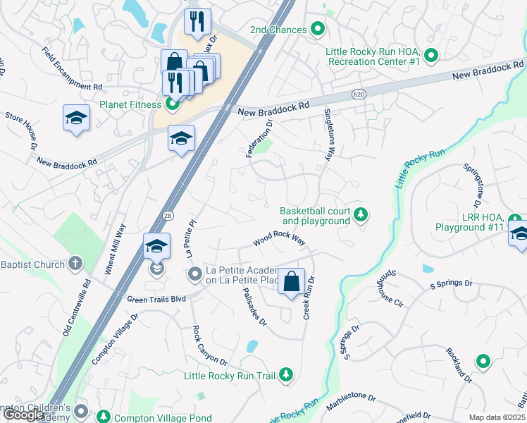 map of restaurants, bars, coffee shops, grocery stores, and more near 14138 Honey Hill Court in Centreville