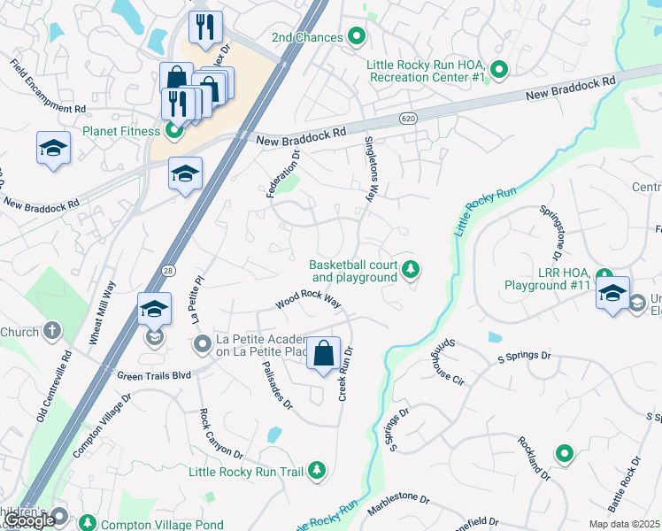 map of restaurants, bars, coffee shops, grocery stores, and more near 14057 Betsy Ross Lane in Centreville