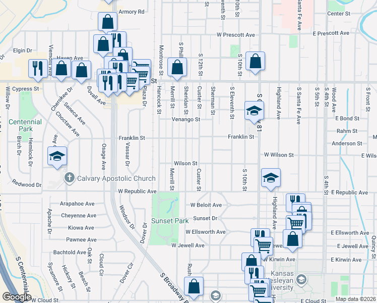 map of restaurants, bars, coffee shops, grocery stores, and more near 841 Sheridan Street in Salina