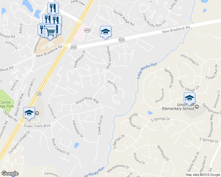 map of restaurants, bars, coffee shops, grocery stores, and more near 6316 Mary Todd Lane in Centreville