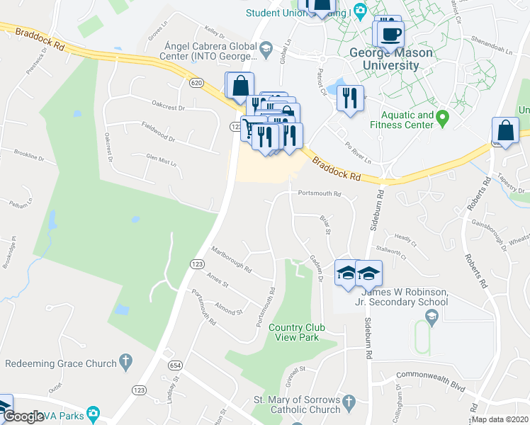 map of restaurants, bars, coffee shops, grocery stores, and more near 5110 Portsmouth Road in Fairfax