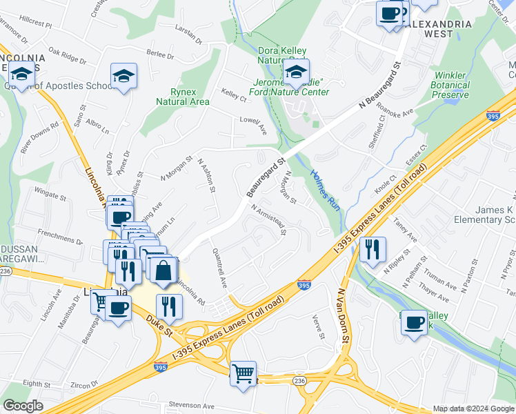 map of restaurants, bars, coffee shops, grocery stores, and more near 521 North Armistead Street in Alexandria