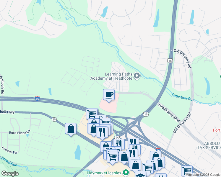 map of restaurants, bars, coffee shops, grocery stores, and more near 15421 Rosemont Manor Drive in Haymarket