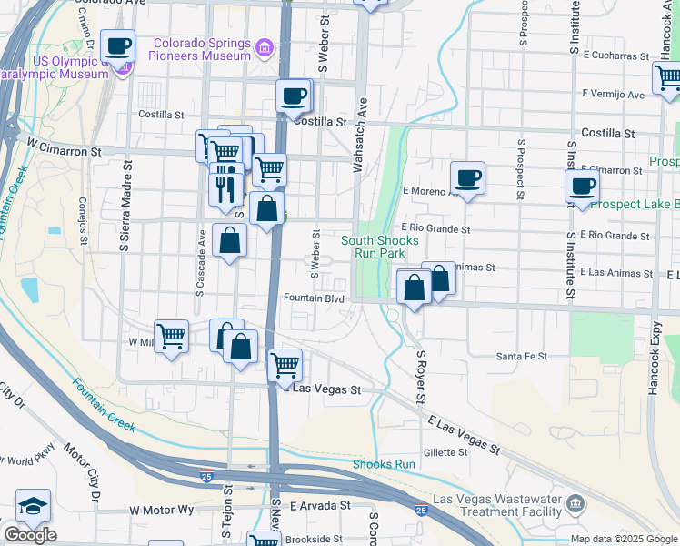 map of restaurants, bars, coffee shops, grocery stores, and more near 755 South Weber Street in Colorado Springs