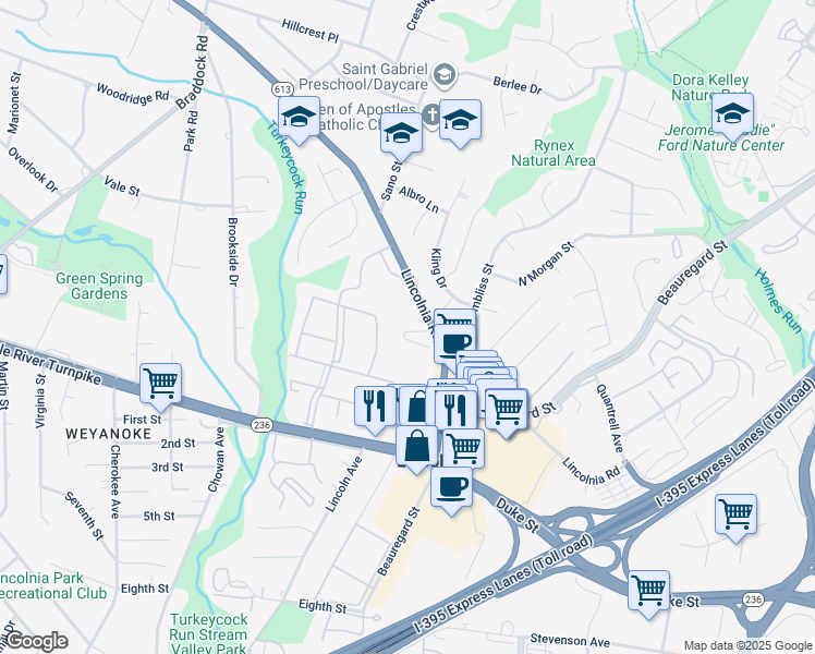 map of restaurants, bars, coffee shops, grocery stores, and more near 6314 Meeting House Way in Alexandria