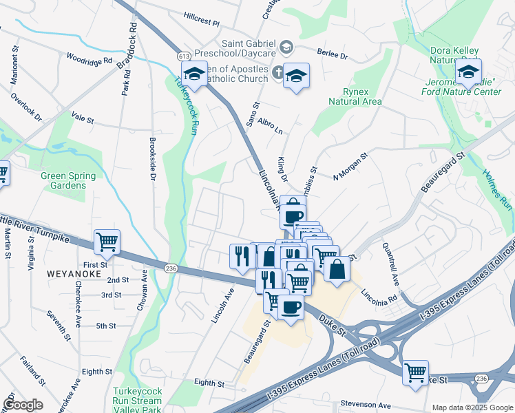 map of restaurants, bars, coffee shops, grocery stores, and more near 6322 Meeting House Way in Alexandria