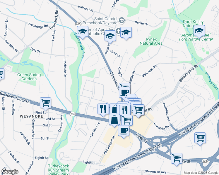 map of restaurants, bars, coffee shops, grocery stores, and more near 6322 Meeting House Way in Alexandria