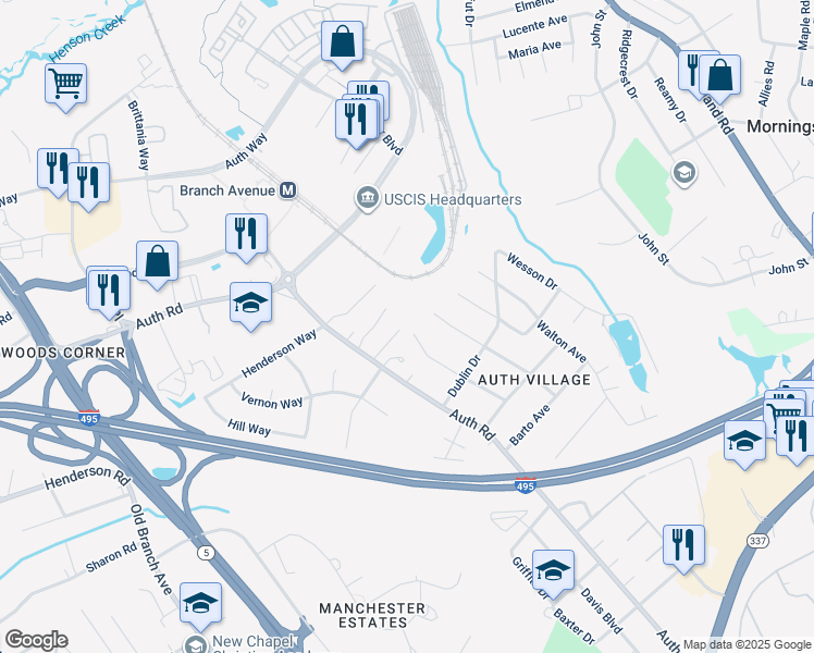 map of restaurants, bars, coffee shops, grocery stores, and more near 5000 Leah Court in Camp Springs