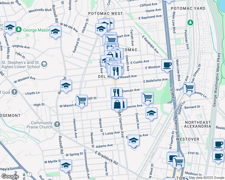 map of restaurants, bars, coffee shops, grocery stores, and more near 1800 Mount Vernon Avenue in Alexandria