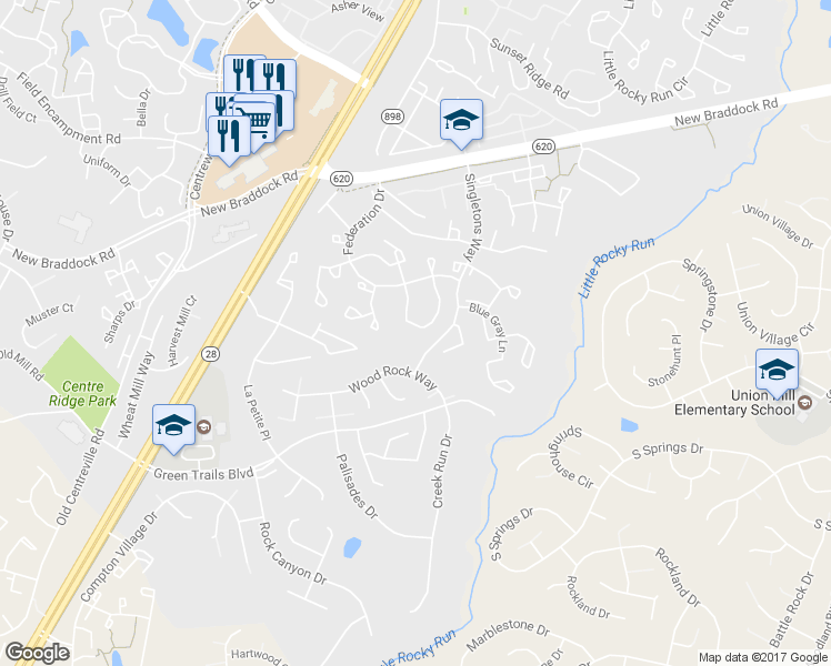 map of restaurants, bars, coffee shops, grocery stores, and more near 14063 Betsy Ross Lane in Centreville