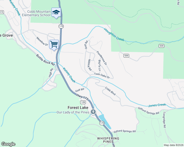 map of restaurants, bars, coffee shops, grocery stores, and more near 10352 Twin Oaks Drive in Cobb